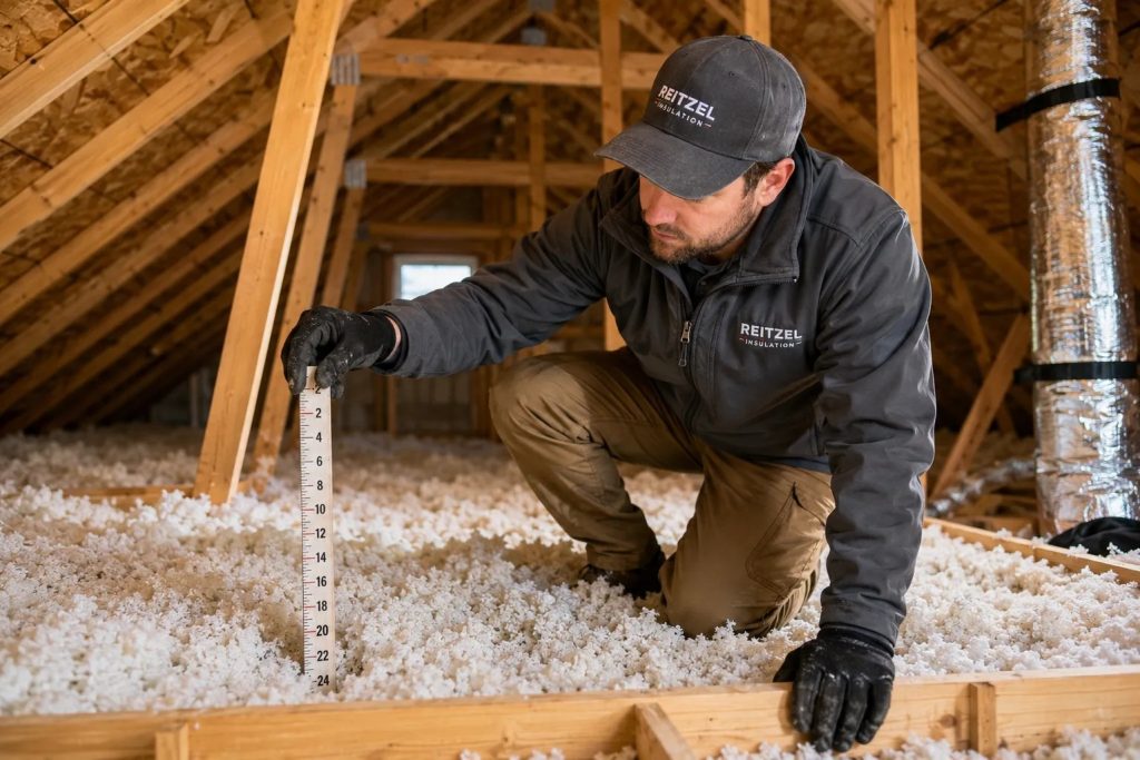 Contractor inspecting attic insulation to improve home energy efficiency