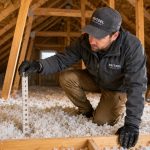 Contractor inspecting attic insulation to improve home energy efficiency
