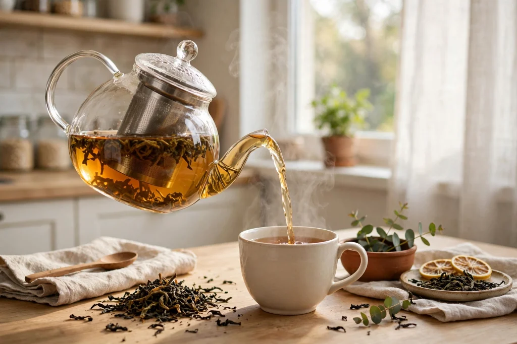 Cup of tea and loose leaf tea in a glass teapot in a bright home kitchen
