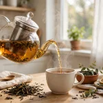 Cup of tea and loose leaf tea in a glass teapot in a bright home kitchen