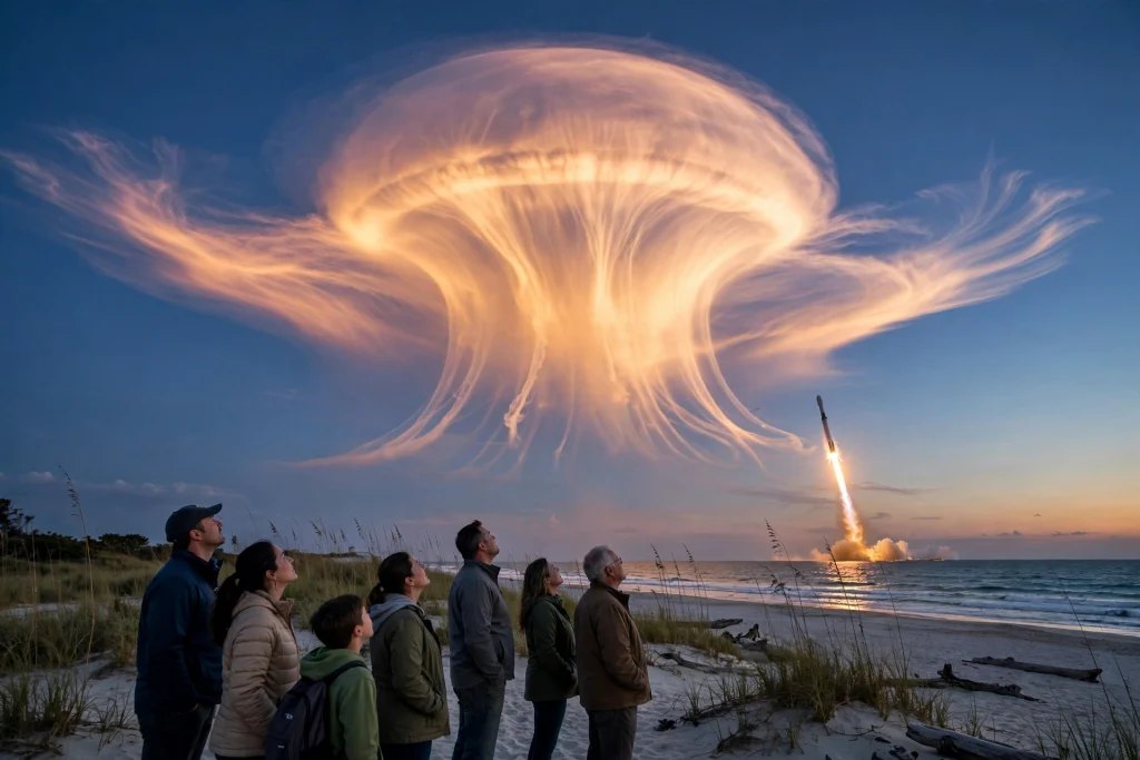 Glowing cloud in the night sky above the horizon