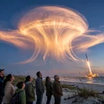 Glowing cloud in the night sky above the horizon
