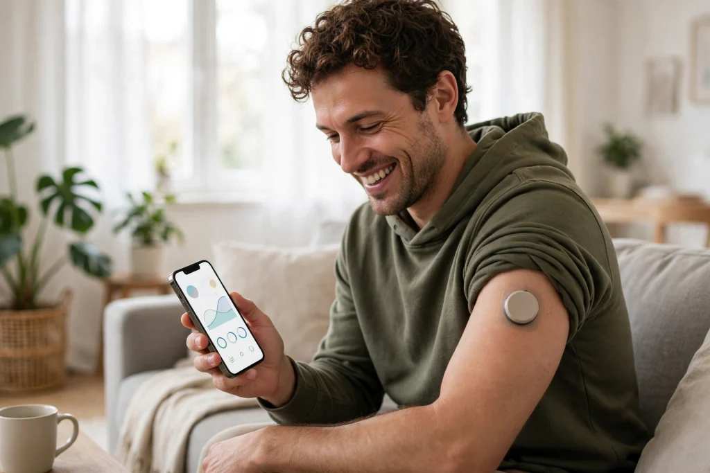 Person using a wearable health monitor at home